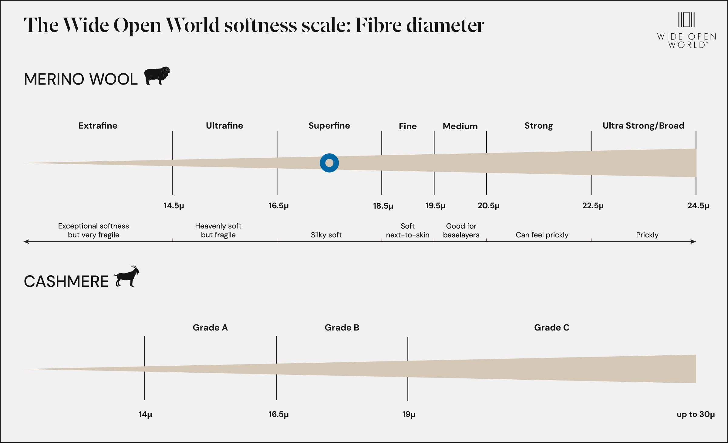Infographic comparing fibre diameter measurements between merino and cashmere, with softness scale showing correlation between micron count and tactile comfort